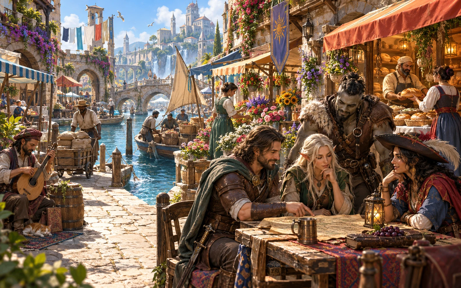 Fantasy editorial illustration of a sunlit canal market with everyday background life