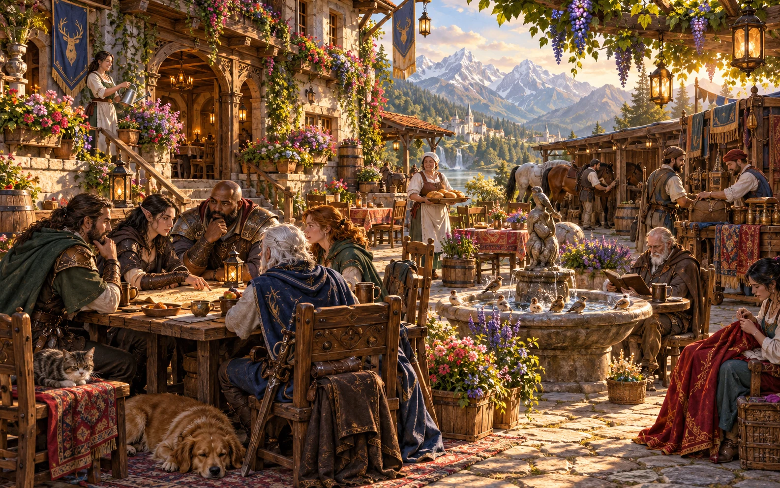 Fantasy editorial illustration of self-contained background life in a golden inn courtyard